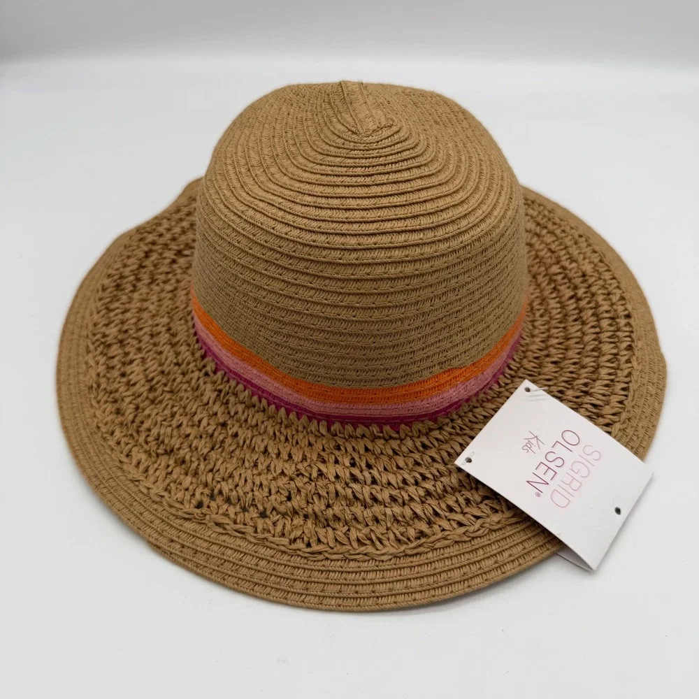 Sigrid Olsen Kids Straw Sun Hat‎ Tan Pink Striped Band Floppy Wide Brim NWT